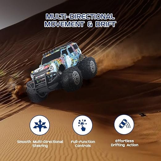 Jam & Honey Off Roader Rechargeable Remote Control Car | RC Car Monster Truck |4 Headlight Modes | in-Built Lithium Battery | C-Type Charging | Made in India - Graffiti Blue