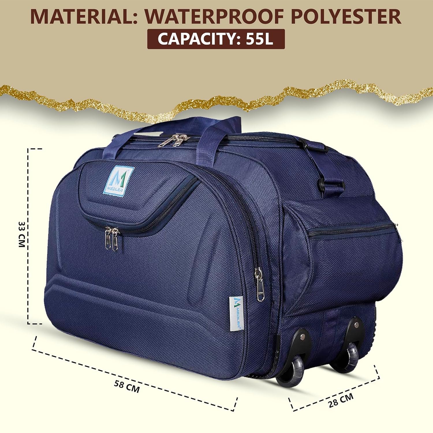 M MEDLER Epoch Nylon 55 litres Waterproof Strolley Duffle Bag- 2 Wheels - Luggage Bag - (Navy Blue)