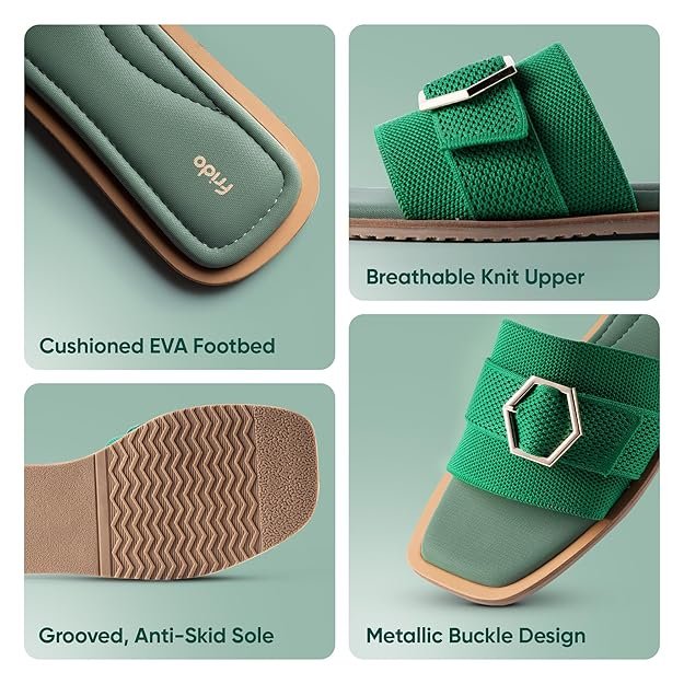 Frido Comfort Flat Sandals for Women | Super Soft Stylish Slip-On Sandals with Cushioned Sole – Daily Office and Casual Wear with Padded Knit Upper, Breathable & Zero-Drop Sole